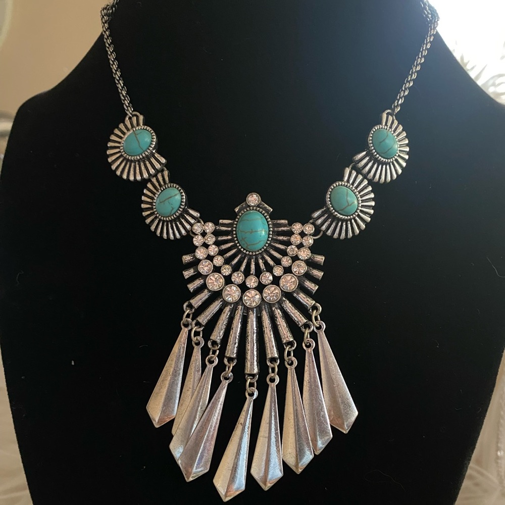 Turquoise silver long statement necklace